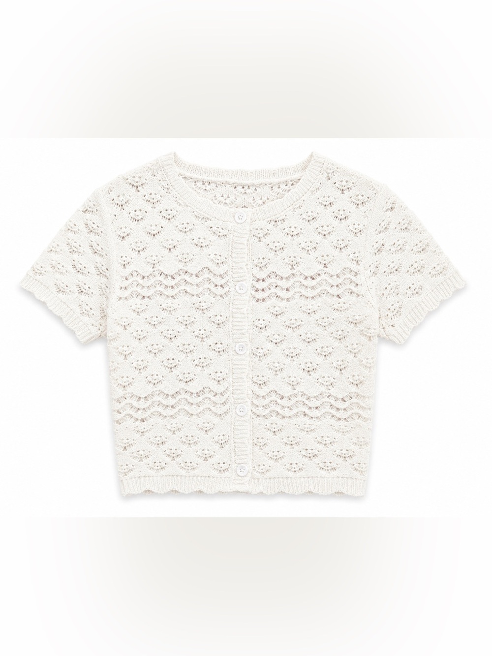 Lightweight Ivory Eyelet Knit Button-Front Crop Sweater